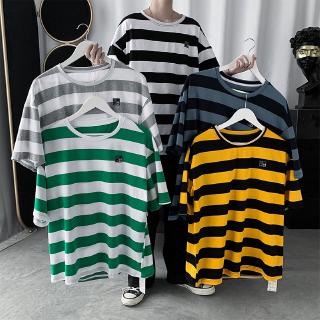 เสื้อยืดแขนสั้น ลายทาง ทรงหลวม แฟชั่นผู้ชาย