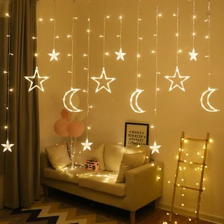 Star&Moon ไฟแต่งห้อง ไฟม่านดาว+พระจันทร์ ไฟประดับ กว้าง 3.5เมตร（3Moon,6Star）