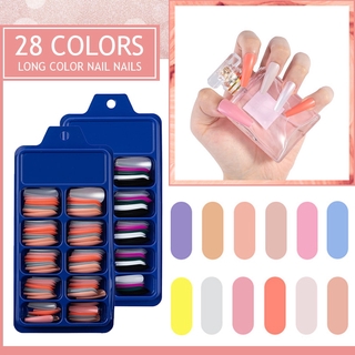 【With glue】100pcs/Set Fake Nails Longer Full Cover Nail Tips Acrylic Candy Color False Nails