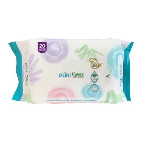 (แพ็ค 20 x1) Pur ผ้าเปียก ผ้าเช็ดทำความสะอาด สูตรสารสกัดธรรมชาติ Natural Baby Wipes ใช้ได้ทั้งผิวหน้าและผิวกาย