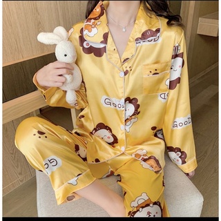 🇹🇭(ส่งจากไทย）boy and girl Pajama satin ลายวสิงโต ชุดนอนเด็กผ้าซาติน   เสื้อแขนยาว+กางเกงขายาว ผ้าบาง👚👖（1-10year）