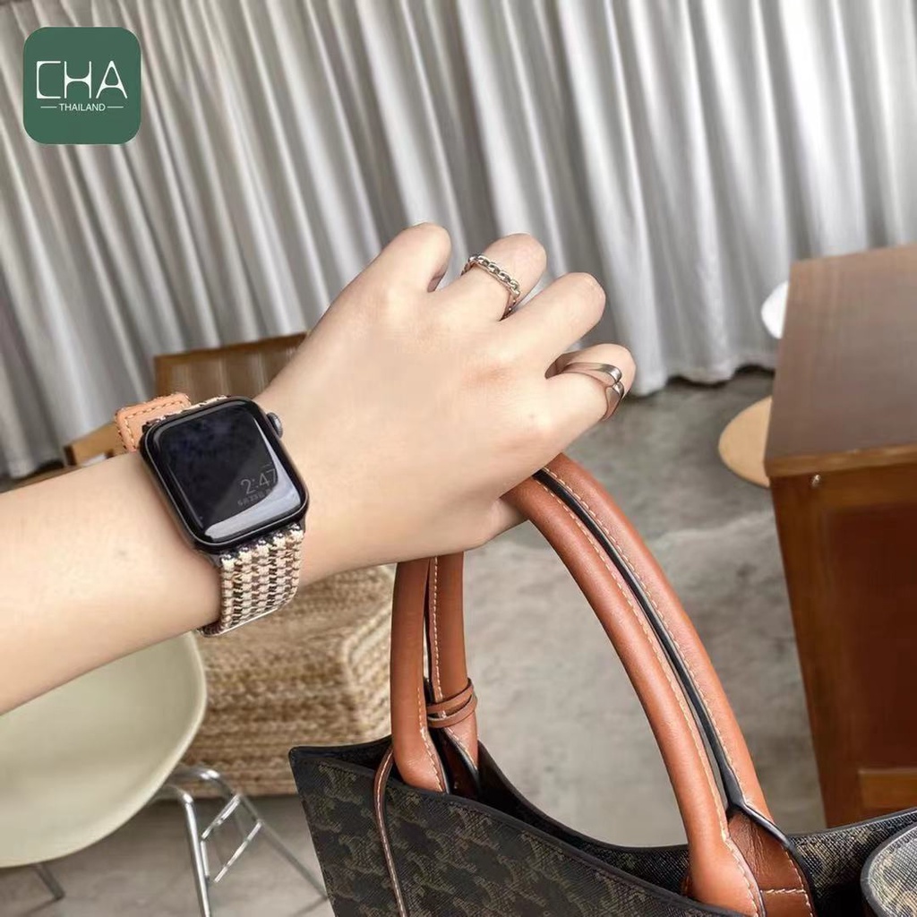สายนาฬิกา smart watch series 8 7 1/2/3/4/5/6 SE 38/40/42/44mm 41mm 45mm หนัง+ผ้า iwatchสายนาฬิกา