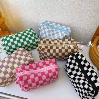 Portable cosmetic bag Canvas plaid knitted storage bag Large capacity pencil case