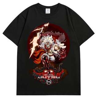 คอลูกเรือเสื้อยืดคอกลมผ้าฝ้ายคอกลมฤดูร้อนการ์ตูนญี่ปุ่น ONE PIECE เกียร์ห้า Luffy ผู้ชายและผู้หญิงเสื้อยืดแขนสั้นสบาย ๆf