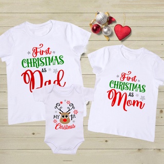 TT-First Christmas As Dad and Mom T-shirt Baby 1st Christmas Infant Romper Daddy Mommy and Me Xmas Holiday Family Matchi