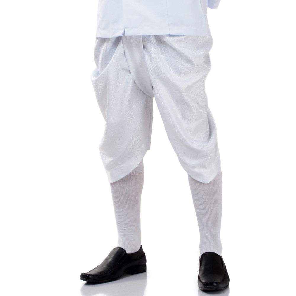 โจงกระเบนสีขาวโจงกระเบนผ้าไหมเทียมลายไทยเหมาะสำหรับชุดไหว้ครู