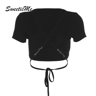 Sweeticme เสื้อยืดแขนสั้น คอวี เซ็กซี่ สีพื้น สําหรับผู้หญิง 2022