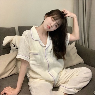 ชุดนอน ins ลม ผ้าฝ้าย ผ้าลินิน ผ้ากอซ กางเกงขาสั้น กางเกงขาสั้น บริการบ้าน ชุดสูทสองชิ้น