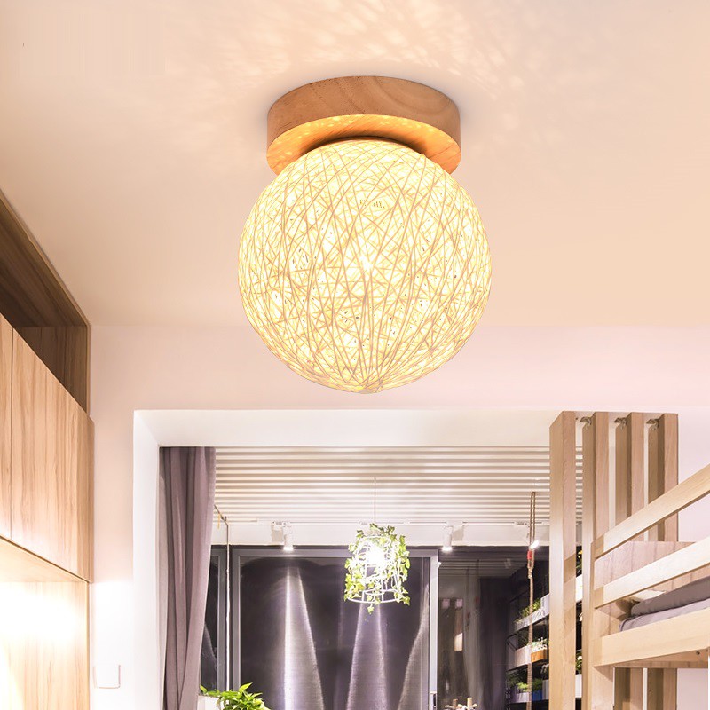 Hemp Ball Rattan Led Aisle Stair Ceiling Light Solid Wood
