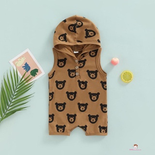 XZQ-Baby Boys Girls Hooded Romper, Sleeveless Cartoon Bear Printed Jumpsuit