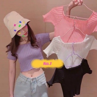 No.1🍒พร้อมส่ง🍒เสื้อแขนสั้นปาดไหล่ผ้าร่อง น่ารัก สไตล์เกาหลี(YI)