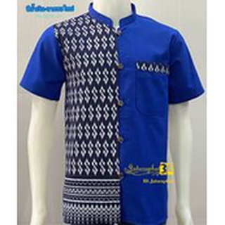 เสื้อผ้าฝ้ายกัดพิมพ์ลายขอ(ใหม่)-คอจีนแขนสั้น-สีน้ำเงิน