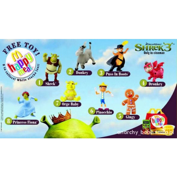 ปี2007 Mc Donald Happy Meal Shrek3 ครบชุด 8 ตัว ของใหม่อยู่ในถุง