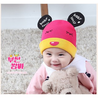 หมวกถักแต่งหูมิกกี้ สกรีนอักษร baby lovly