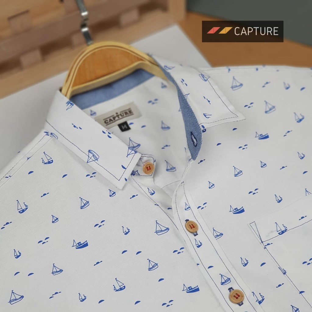 ⛵️⛵️⛵️เสื้อเชิ้ตแขนสั้น คอปก ผ้า Oxford ลายสามเรือใบ สีขาว มีไซส์ S-4XL