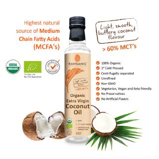 Rawganiq น้ำมันมะพร้าวบริสุทธิ์สกัดเย็นออร์แกนิค Organic Extra Virgin Coconut Oil, Cold Pressed, Unrefined  (275ml)