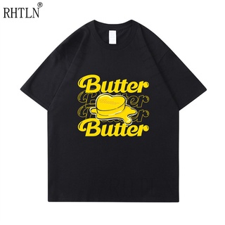 เสื้อยืดผ้าฝ้ายCOTTON เสื้อยืด พิมพ์ลายตัวอักษร Bts Butter สีดํา สไตล์ฮาราจูกุ สตรีท ลวดลายS-5XL