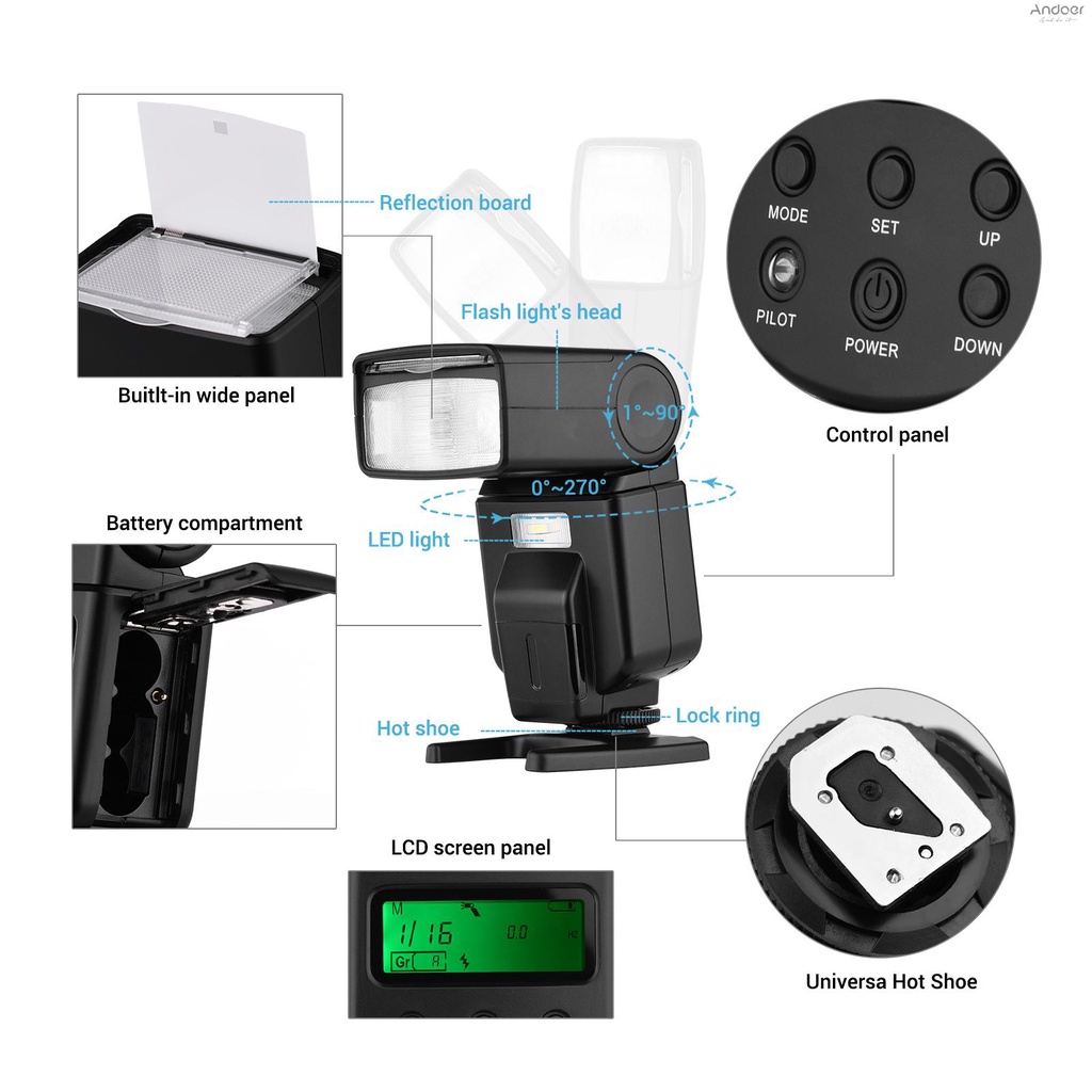 Andoer แฟลช Speedlite GN40 LED ปรับได้ พร้อมแบร็คเก็ต แบบเปลี่ยน สําหรับกล้อง Canon Nikon Olympus Pentax DSLR