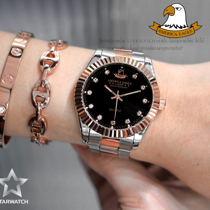 ♀✉AMERICA EAGLE นาฬิกาข้อมือผู้หญิง สายสแตนเลส รุ่น SW8002G – PINKGOLD/BLACK
