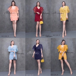 11872 Dress เดรส แขนผ้าแก้ว ระบาย 2 ชั้น