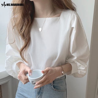 พร้อมส่ง เสื้อเบลาส์ แขนยาว คอสี่เหลี่ยม ทรงหลวม สไตล์เกาหลี สําหรับผู้หญิง