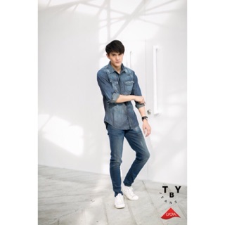 TBY JEANS กางเกงยีนส์ผู้ชายขาเดฟ ผ้ายืด โทนสีเข้มขัดเคลือบสนิม TY1232