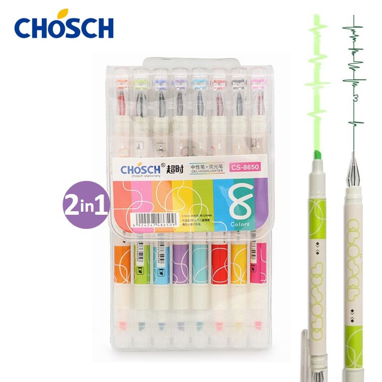ปากกาเจลสี+ไฮไลท์ 8 ด้าม แบบ 2 in 1 ตรา Chosch รุ่น CS-8650 ปากกาเจล 0.5 มม.หัวเพชร พร้อมเน้นข้อความในด้ามเดียว