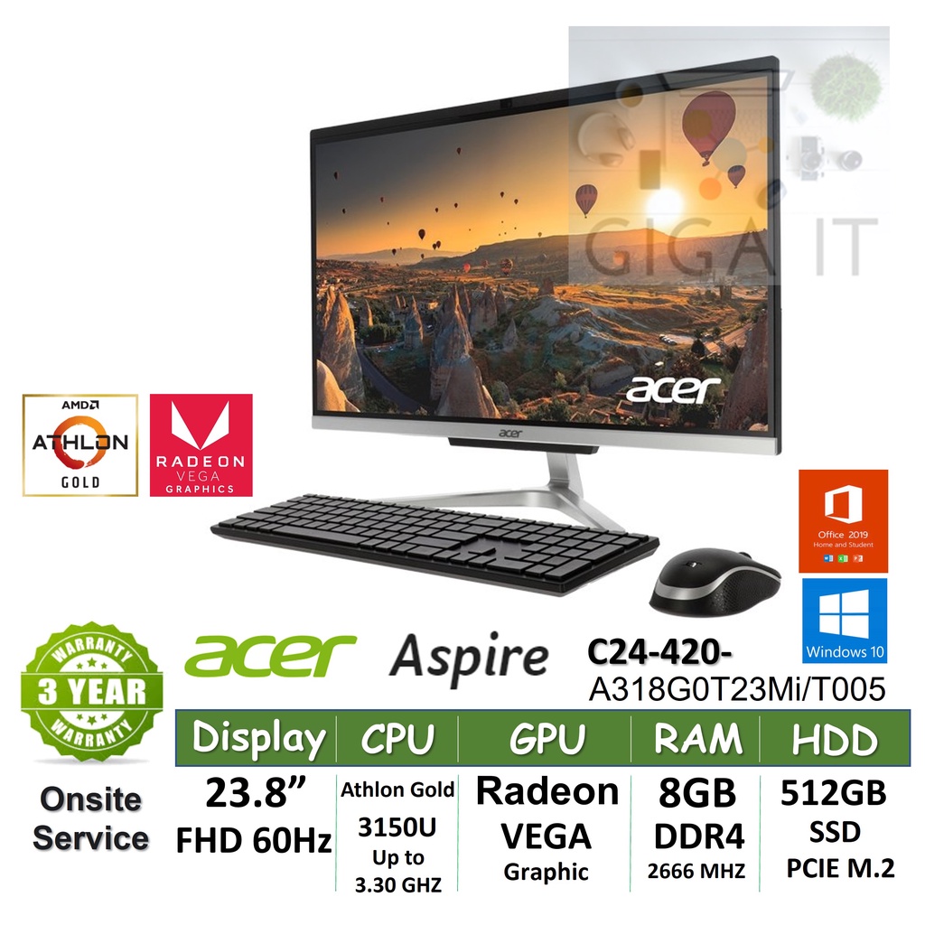 Acer All-in-One Aspire C24-420-A318G0T23Mi/T005 23.8", Athlon Gold 3150U, 8G, 512G M.2 , Win10+Office ประกัน Onsite 3 ปี