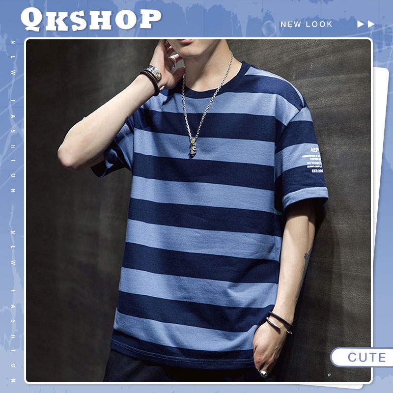 QKshop โครตเท่เลยคร้าบบบหนุ่มๆอยากหล่อใส่แล้วดูดีมากก เสื้อยืดคอกลมลายทางสลับสี สวมใส่สบายต้องรีบแล้ว