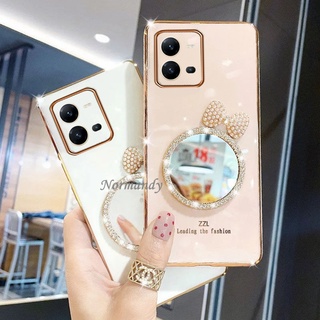 เคสโทรศัพท์ Girl Style Phone Case VIVO V25 V25e Y35 Y22 Y22S Y16 4G 5G 2022 New Simple Color Casing with Fashion Flash Drill Bow Tie Makeup Mirror Plating Soft Smartphone Case Back Cover เคส