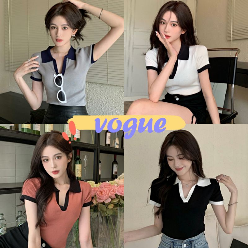 Vogue​ ​พร้อมส่ง เสื้อไหมพรม คอปกแขนสั้น เว้าอกแอบแซ่บ ผ้านิ่มใส่สบาย (28058) -C