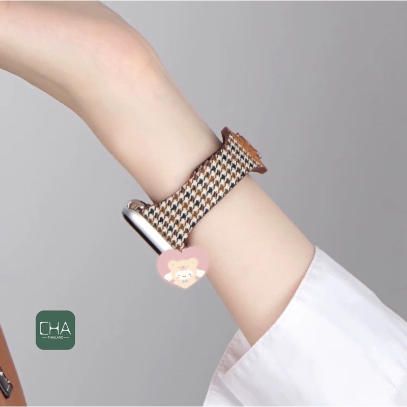 สายหนัง+ผ้า สาย smart watch10/9/8/7/6/5/4/3/2/1/Se ขนาด 38/40/41/42/44/45/46/49mm ลายBB ขอบเล็ก สายสําหรับแอปเปิ้ลวอช
