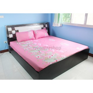 nna-0031 ผ้าปูที่นอน สีชมพูลวดลาย นกฟลามิงโก้ 6 ฟุต 5 ฟุต วินเทจ fit sheet