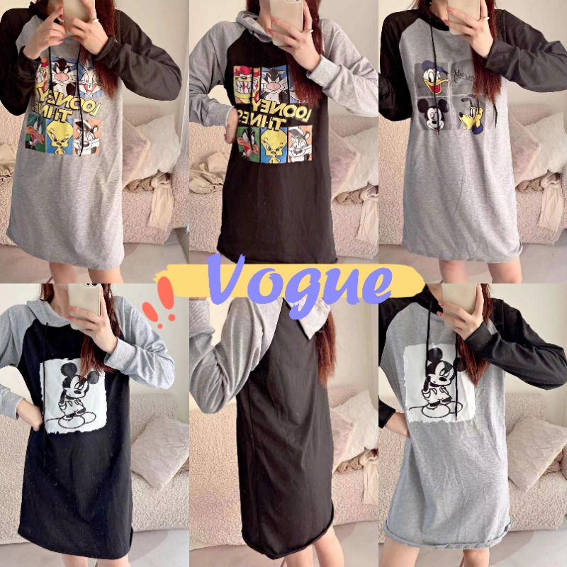 Vogue​ ​พร้อมส่ง​ ​ชุดเดรสไหมพรมแขนยาว มีฮู้ดน่ารักดำเทา (DX-Hoodie)​ -N 05