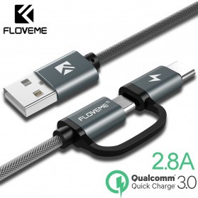 R3w Floveme 2 in 1 Micro USB + USB Type C QC3.0 2.8A 80cm สายชาร์จ - P9 - สีเทา