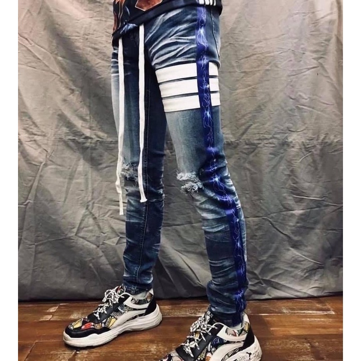 Hold'em Denim style กางเกงยีนส์ฟอกคาดแถบลายสายฟ้า ⚡