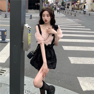 💖พร้อมส่ง💖ฤดูร้อนขนาดเล็กแป้ง tulle พัฟแขนด้านบนลดอายุกระโปรงโคมไฟแขวนกระโปรงชุดสองชิ้น