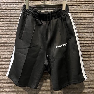 PALM ANGELS LOGO PRINT SIDE STRIPE JERSEY TRACK SHORTS SWEATPANTS IN BLACK กางเกงขาสั้นเอวยางยืด แบรนด์ปาล์มแองเจิล