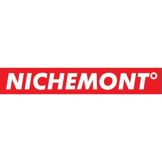 สติกเกอร์ PVC กันน้ำ ตัด ไดคัท สีขาว บนพื้นสีแดงคำว่า NICHEMONT° ขนาดความยาวโดยรวม 30 ซม