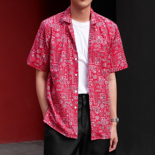 Hunter Studios เสื้อเชิตทรงHawaii ลายBandana ผ้าCotton100% สีRed