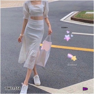 J11558 Set เสื้อครอป คอเหลี่ยม + กระโปรงยาวผูกหลัง Set crop top + square neck long skirt