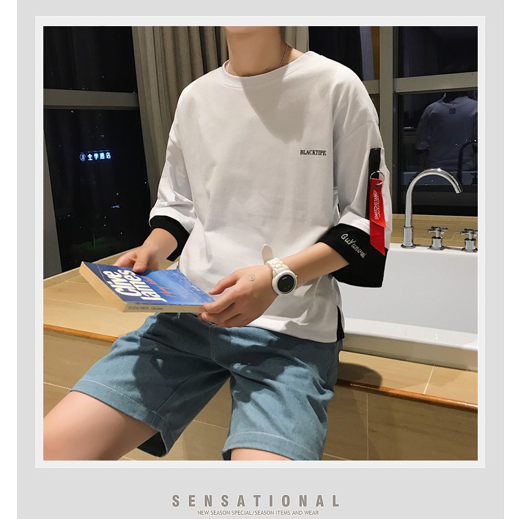 FREEDOM BOY✨เสื้อยืดคอกลม แต่งผ้า2ชั้น สไตล์เกาหลี ใส่สบาย😊