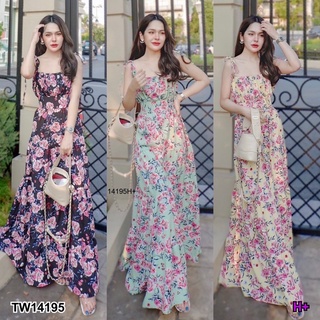 TW14195 Maxi dress ลายดอกไม้ สม็อคหลัง