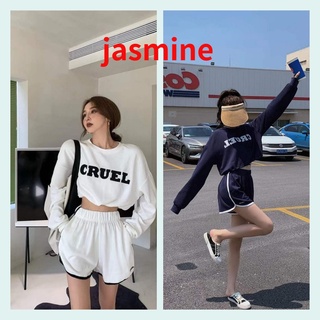 jasine💎 ​ชุดเซ็ท เสื้อครอปแขนยาว+กางเกงขาสั้น ผ้ากีฬาใส่อยู่บ้านหรือไปเที่ยวก็ดูดี น่ารักมากๆ พร้อมส่ง ( DX-9423 )