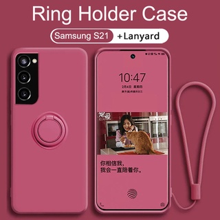 Samsung Galaxy S21 Plus S21 Ultra S21FE Soft Liquid Silicone Case With Magnetic Ring Holder Free Lanyard Shockproof Cover