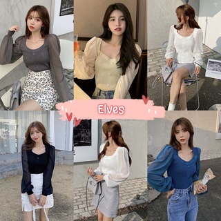 Elves✨พร้อมส่ง✨เสื้อไหมพรมแขนยาว แขนชีฟอง💐*9986