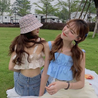 พร้อมส่ง🌞เก็บปลายทาง❤️ 3สี เสื้อครอปแขนกุดรูดตรงกลางลำตัวชายและอกระบาย