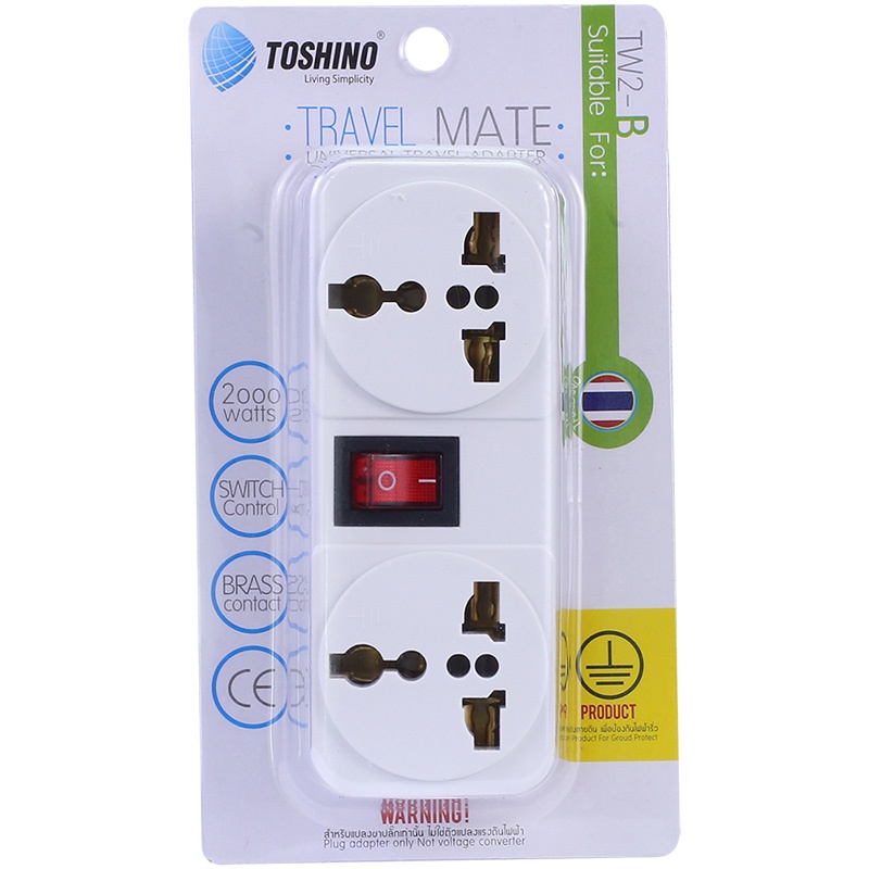 ปลั๊กแปลงขาแบน 3P มีขากราว ยี่ห้อ Toshino รุ่น TW2-B ขนาด 2 ช่อง 1สวิทซ์ รองรับไฟ 2000 วัตต์ - รูปที่ 5