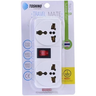 ‼️ ถูกที่สุด ส่งทุกวัน ปลั๊กแปลงขาแบน 3P มีขากราว ยี่ห้อ Toshino รุ่น TW2-B ขนาด 2 ช่อง 1สวิทซ์ รองรับไฟฟ 2000 วัตต์