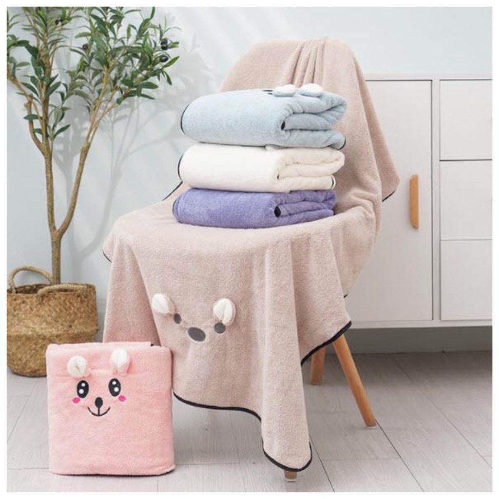 ผ้าเช็ดตัว หูหมี ยิ้มน่ารัก ผ้าขนหนู ผืนใหญ่ 70x140 ซม. นุ่มฟู ผ้นาโน สีพื้น